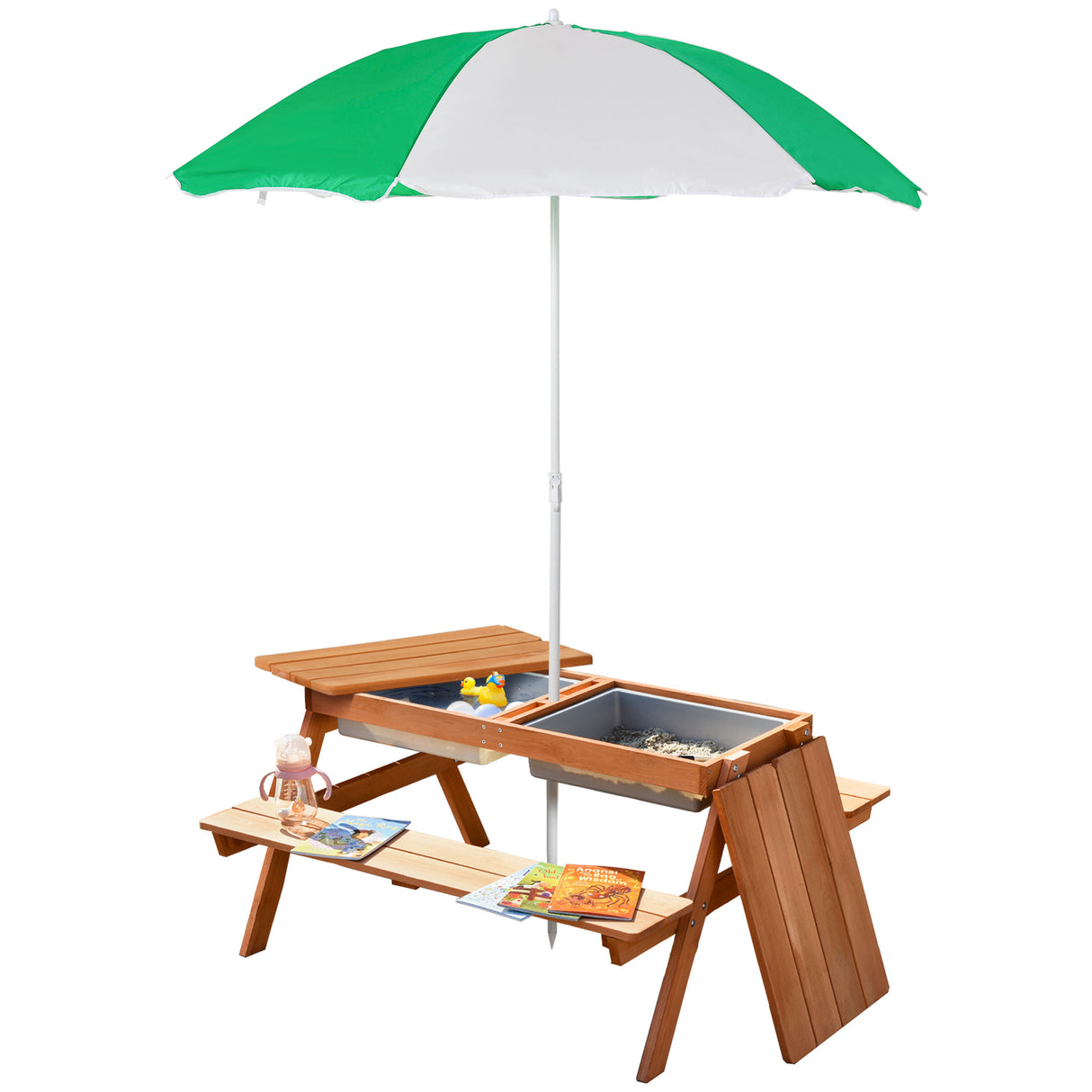 Kids Wooden Outdoor Picnic Table With Adjustable Umbrella