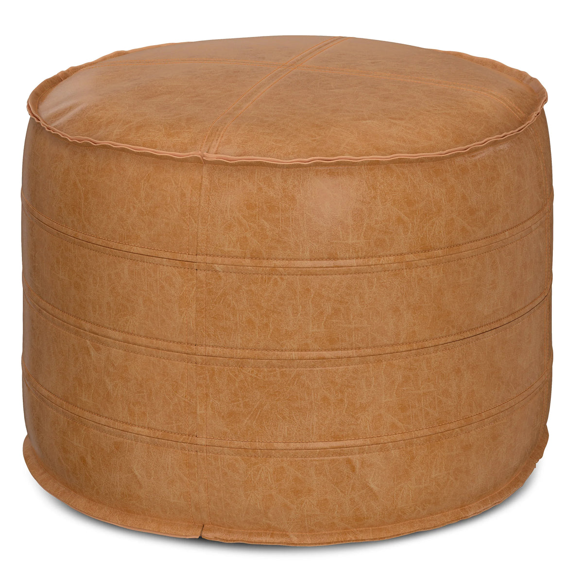 Distressed Brown Vegan Faux Leather Round Pouf - Omega Lifestyles