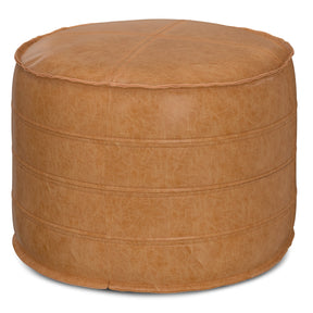 Distressed Brown Vegan Faux Leather Round Pouf - Omega Lifestyles