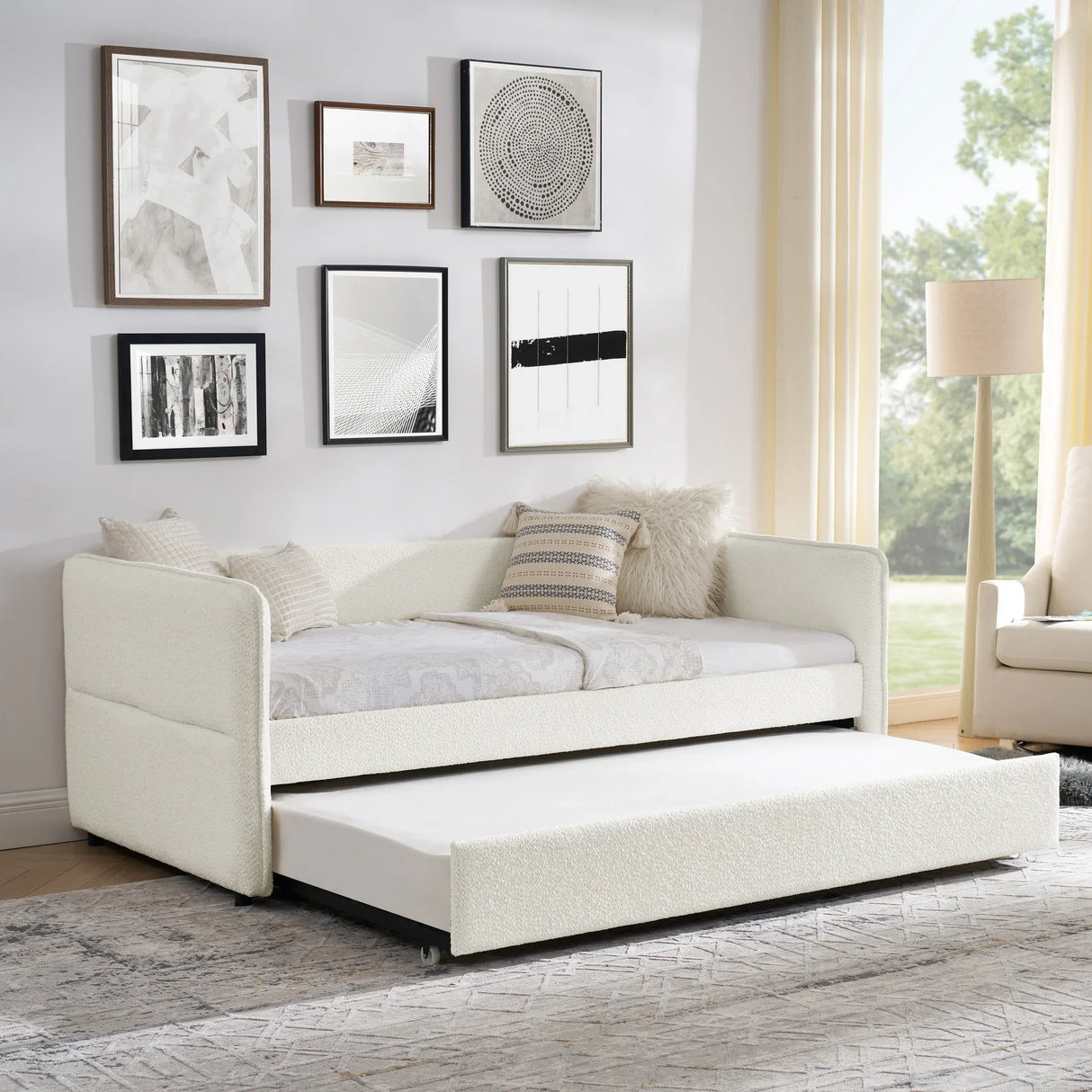 Twin Upholstered Boucle Daybed With Functional Trundle - Omega Lifestyles