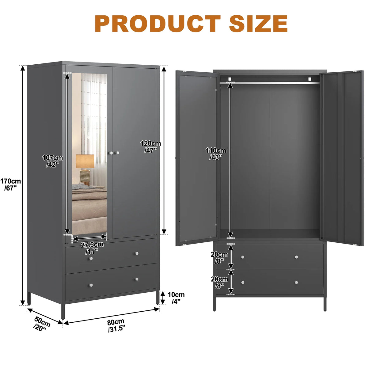 Retro Steel Armoire Wardrobe Closet With Mirror And Drawers - Omega Lifestyles