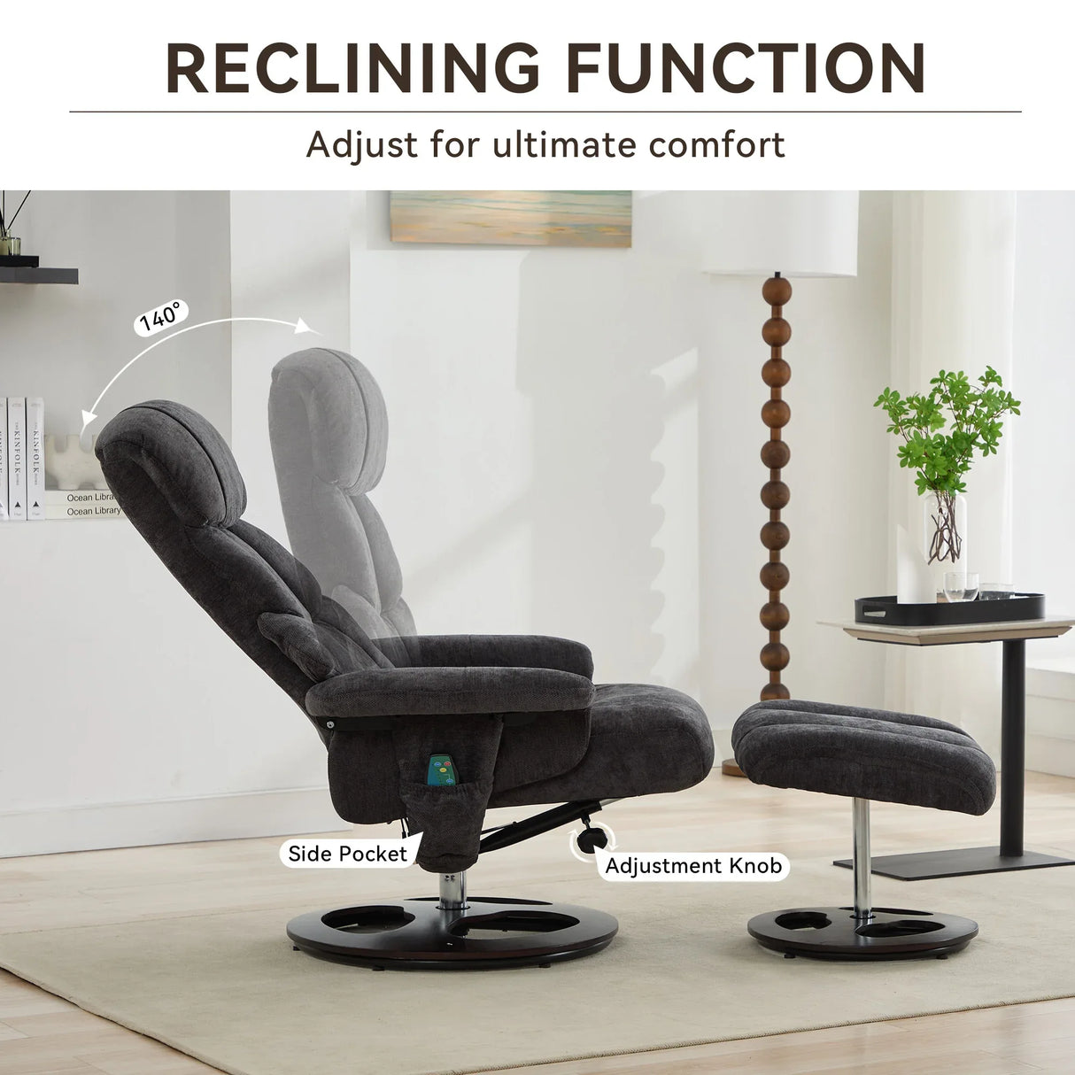 Modern Chenille Recliner Chair With Ottoman And Massage - Omega Lifestyles