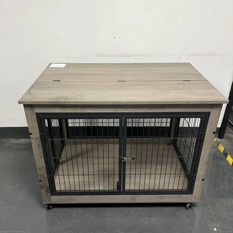 Furniture Style Grey Dog Crate With Rolling Wheels - Omega Lifestyles