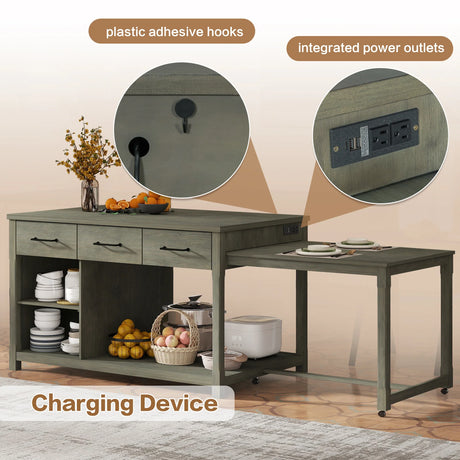 Expandable Retro Kitchen Island With Built-In Power Outlets - Omega Lifestyles