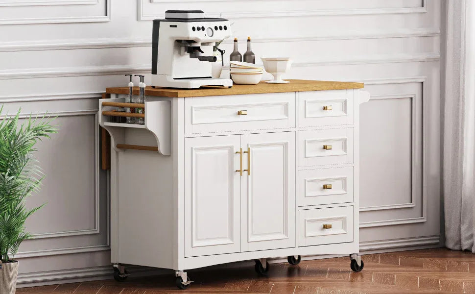 Classic Vintage Embossed White Kitchen Island On Wheels - Omega Lifestyles
