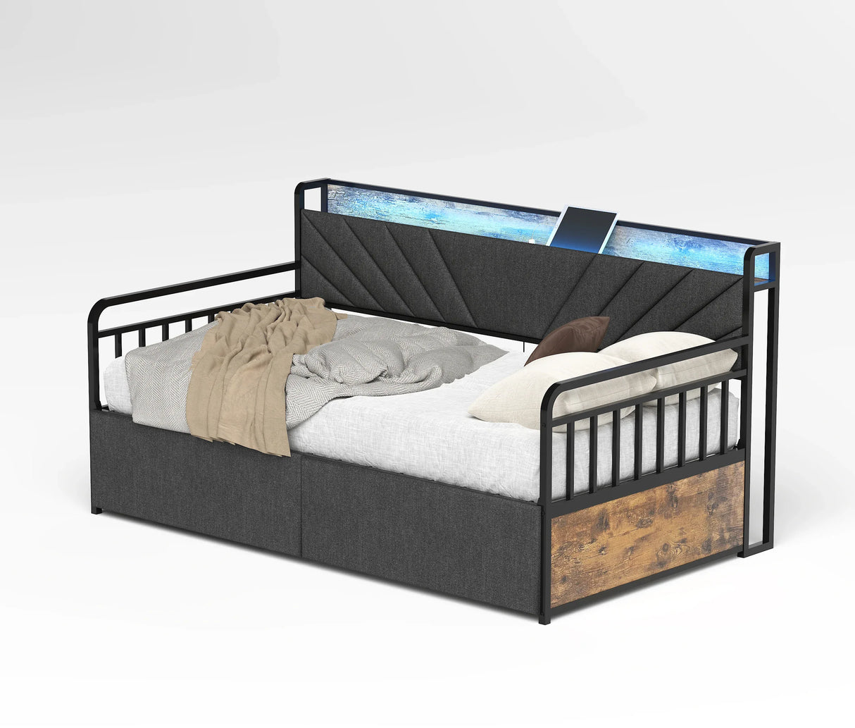 Twin Metal Bed Frame With Upholstered Headboard Charging - Omega Lifestyles