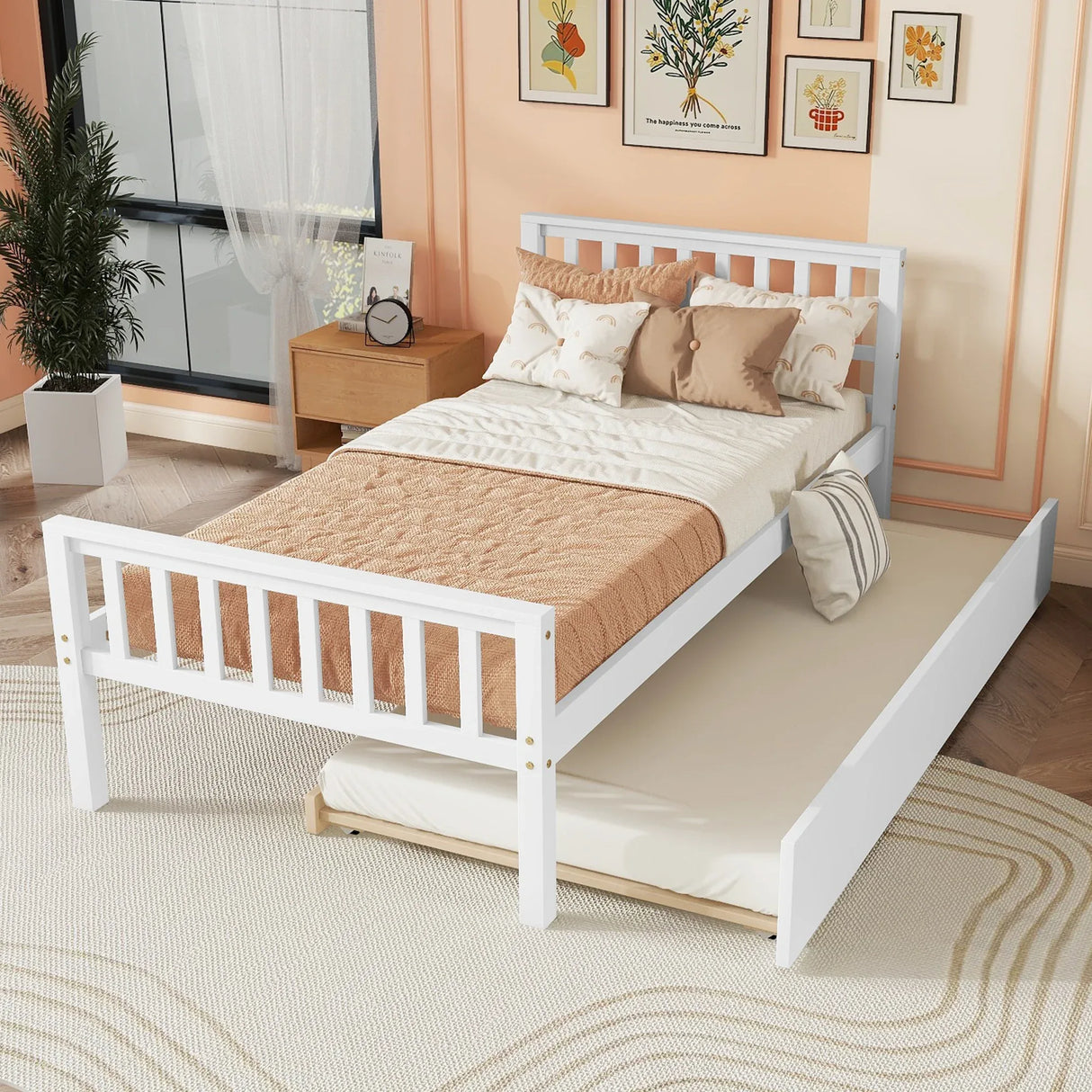 Twin Platform Bed Frame With Pull-Out Trundle - Omega Lifestyles
