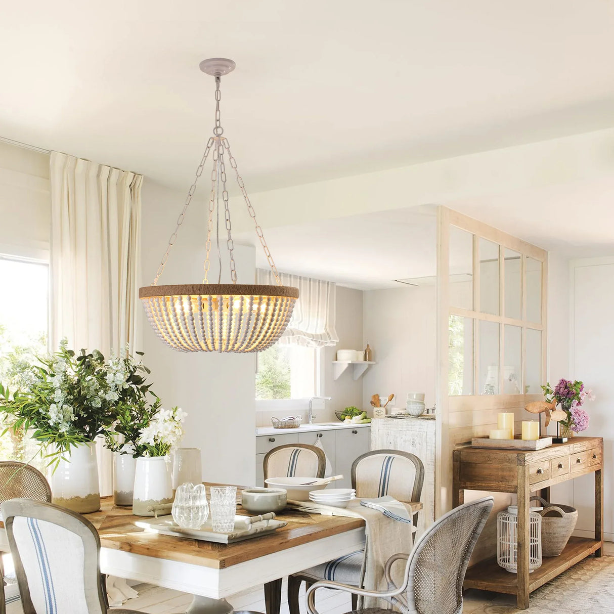 Farmhouse Wood Beaded Pendant Chandelier Lighting - Omega Lifestyles