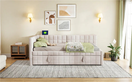 Full Upholstered L-Shaped Daybed With Twin Trundle and USB Ports - Omega Lifestyles