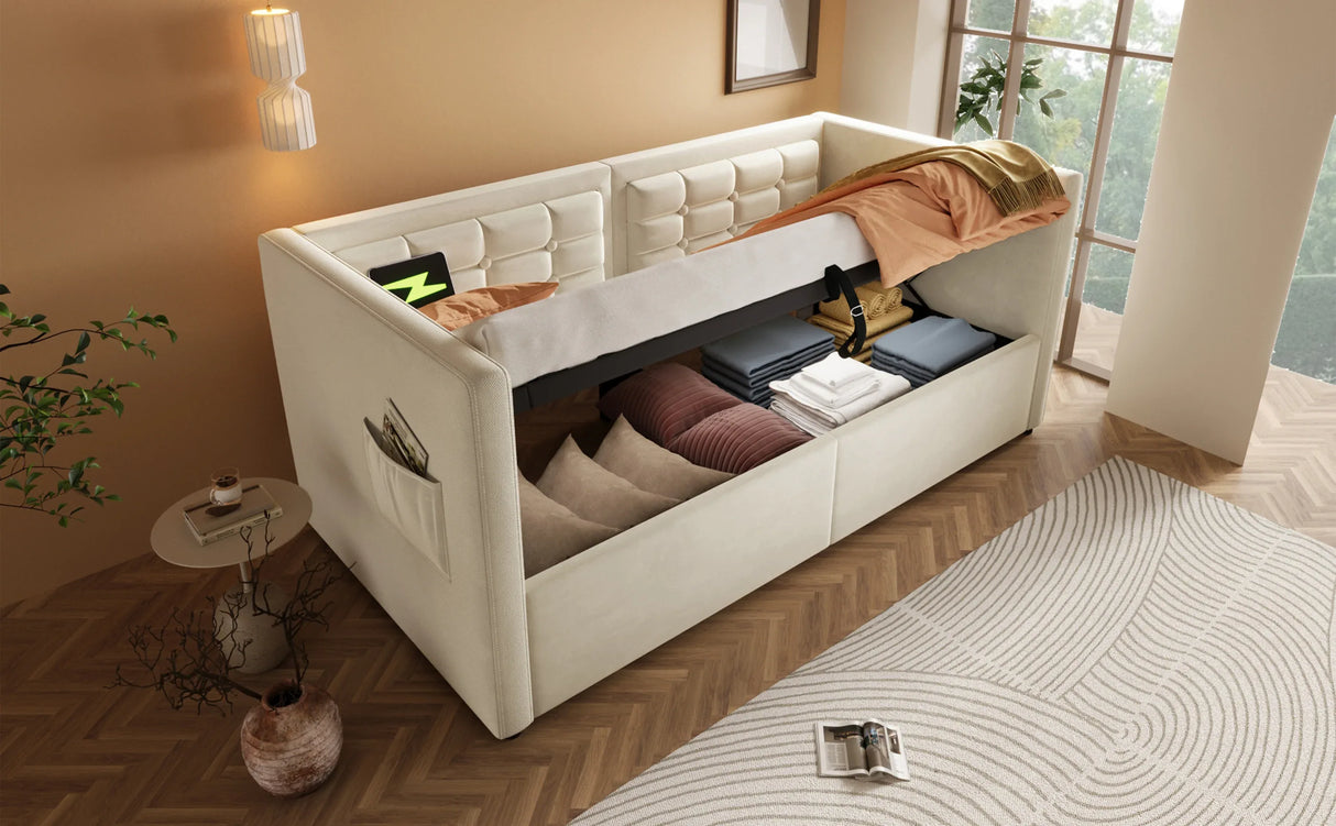 Twin Beige Velvet Upholstered Hydraulic Storage Bed Frame - Omega Lifestyles