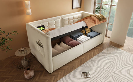 Twin Beige Velvet Upholstered Hydraulic Storage Bed Frame - Omega Lifestyles