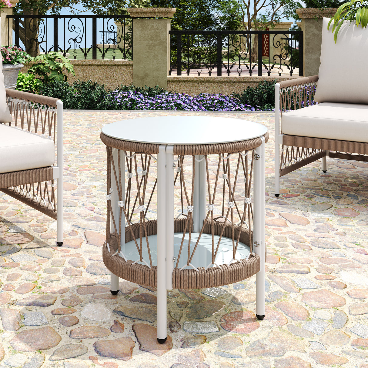 Bohemian Woven Rope Glass Top Outdoor Side Table