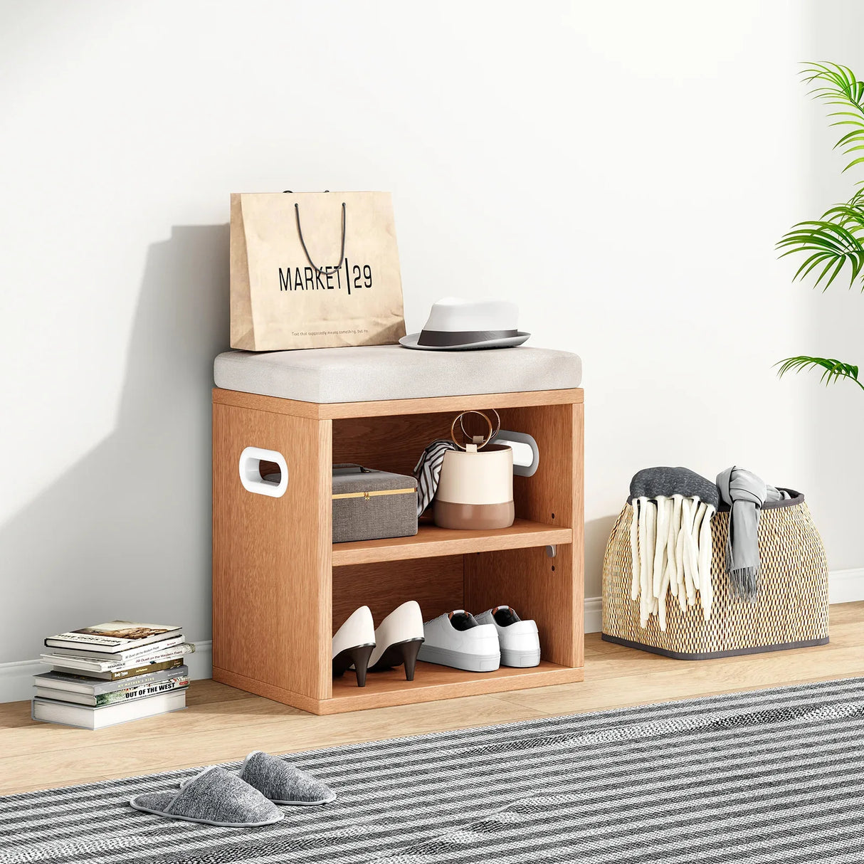 Small Wood Storage Shoe Bench With Removable Cushion - Omega Lifestyles