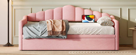 Upholstered Twin Velvet Daybed With Adjustable Trundle And Charging - Omega Lifestyles