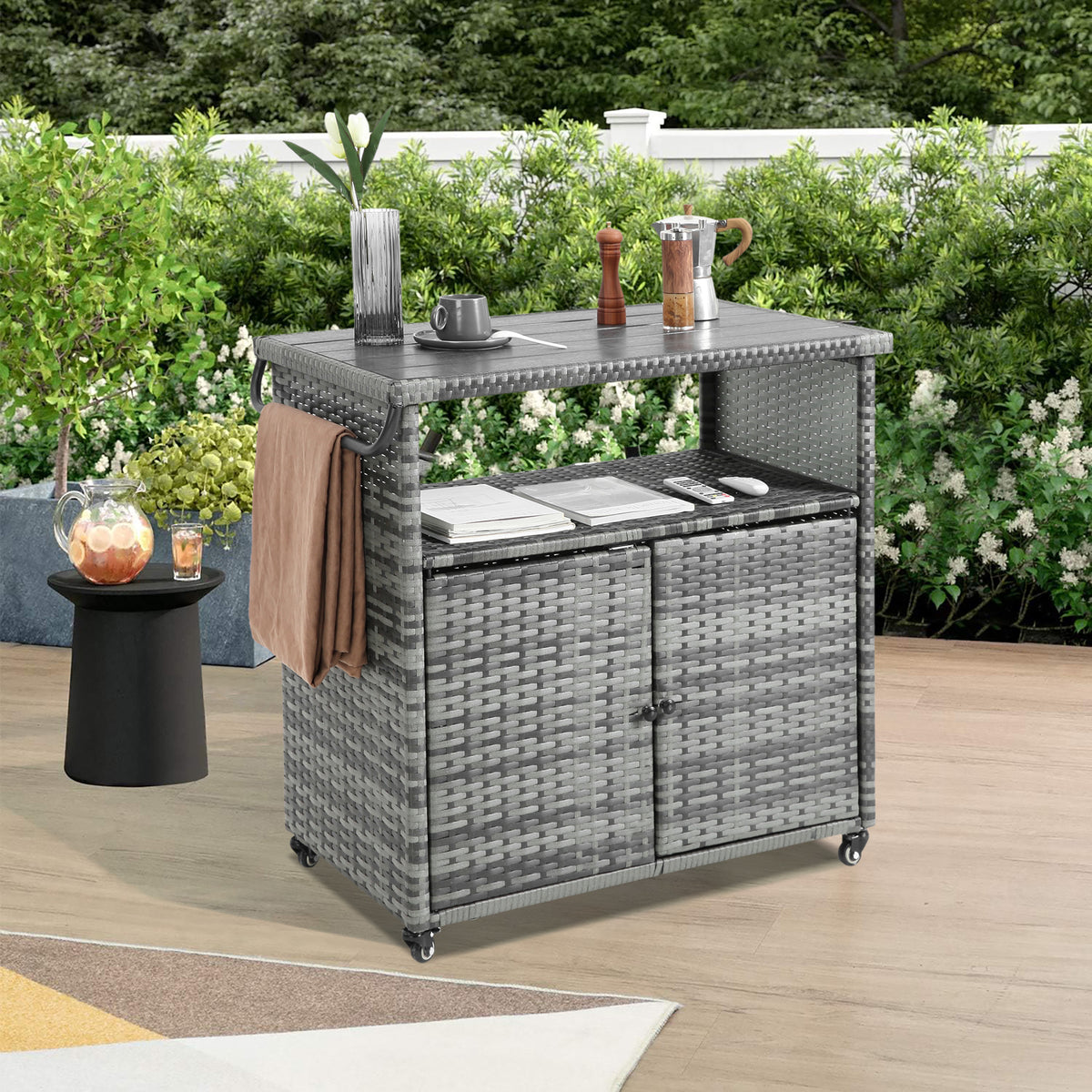 Outdoor Wicker Patio Bar Serving Cart With Wheels
