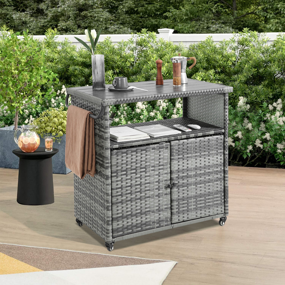 Outdoor Wicker Patio Bar Serving Cart With Wheels