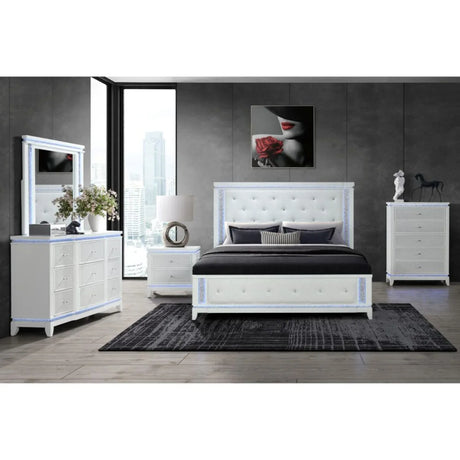 King Contemporary White Tufted Panel Bed Frame With LED Lights - Omega Lifestyles