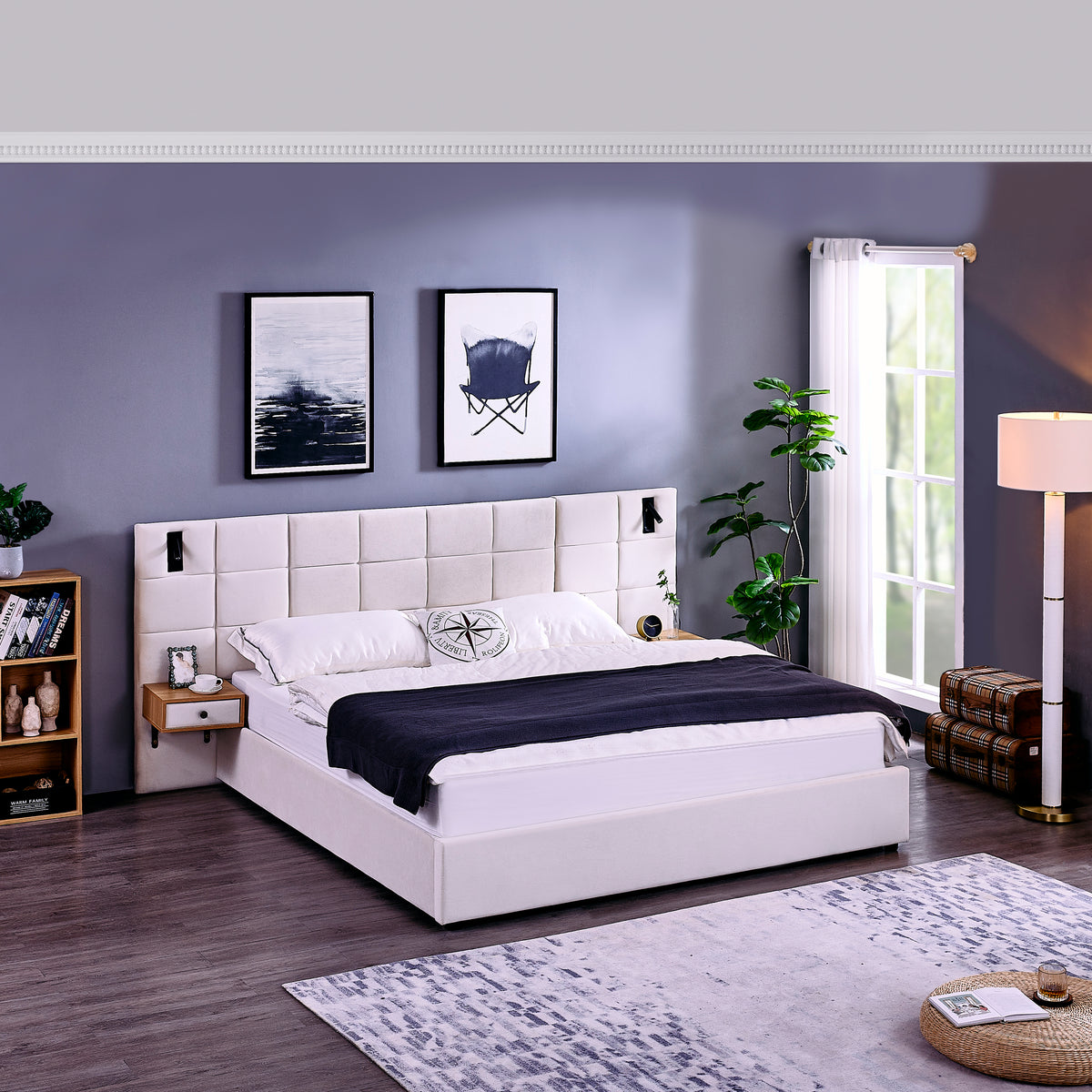 King Velvet Upholstered Storage Platform Bed With USB