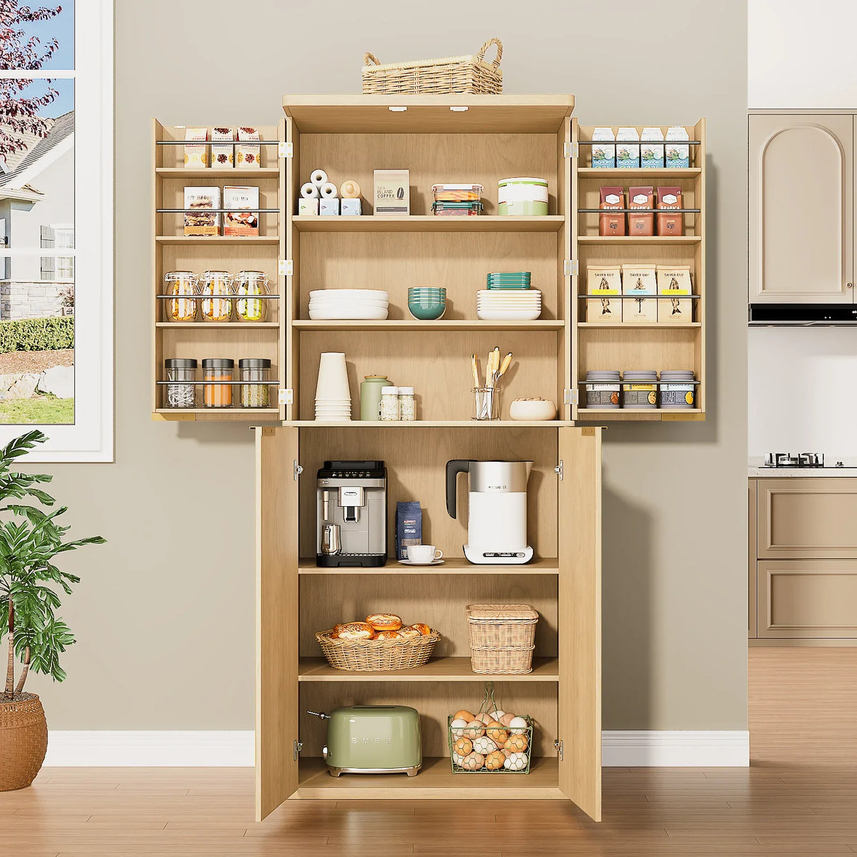 Modern Fluted Walnut Pantry Cabinet With Shelves - Omega Lifestyles