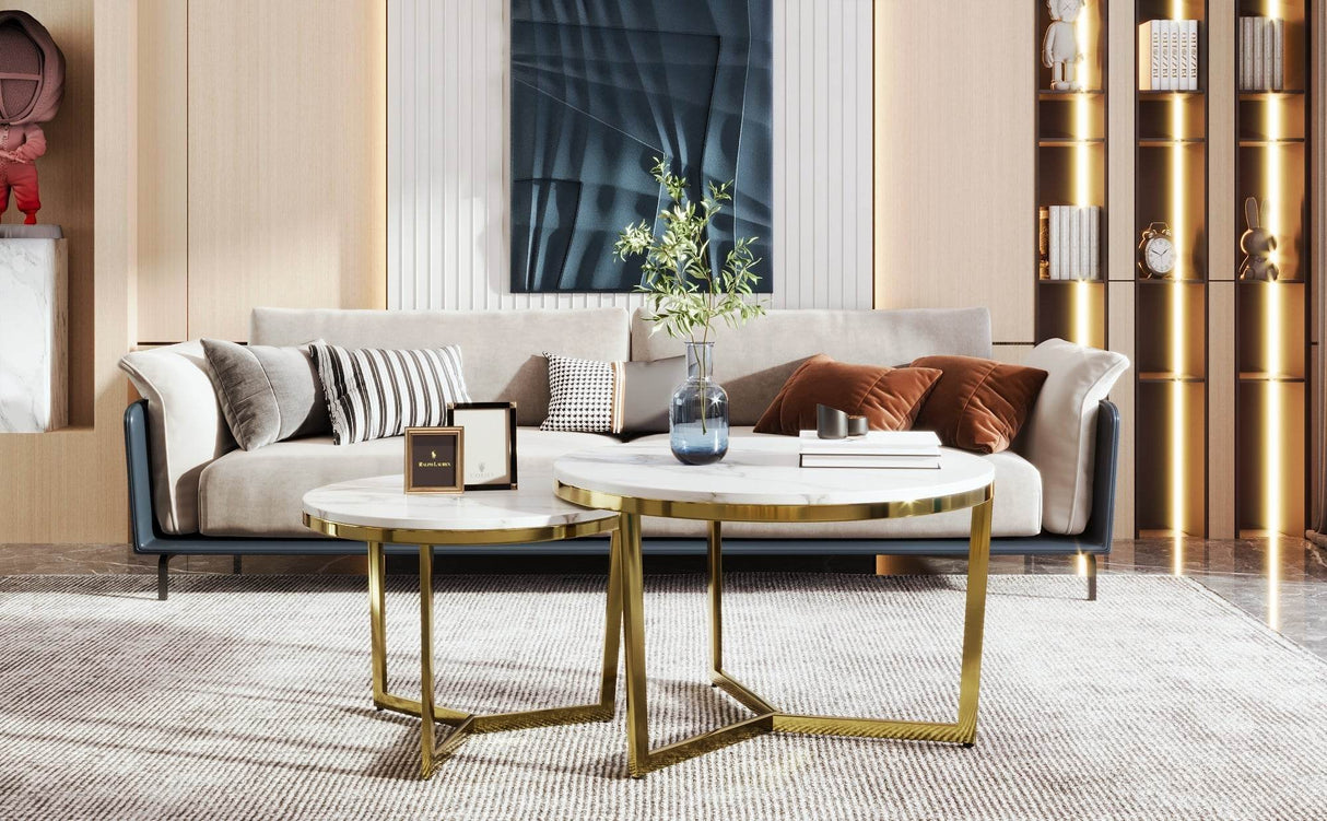 Modern Round Nesting 2-Piece White Marble Coffee Table Set - Sleep Galleria