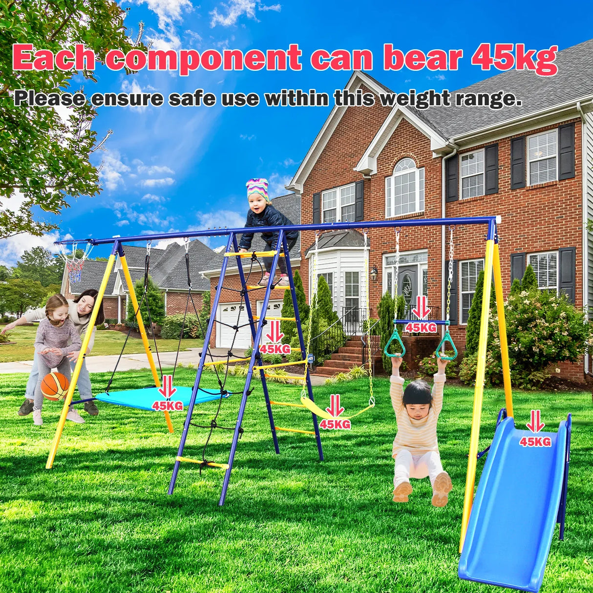 7-in-1 Heavy-Duty Metal Kids Backyard Swing Set - Omega Lifestyles