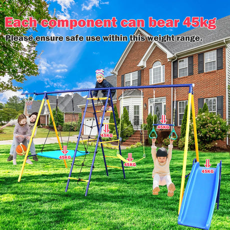 7-in-1 Heavy-Duty Metal Kids Backyard Swing Set - Omega Lifestyles