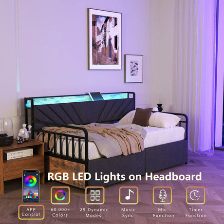 Twin Metal Bed Frame With Upholstered Headboard Charging - Omega Lifestyles