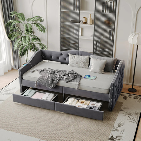 Twin Upholstered Velvet Wood Storage Daybed Frame - Omega Lifestyles