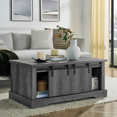 Rustic Grey MDF Sliding Barn Door Coffee Table - Omega Lifestyles