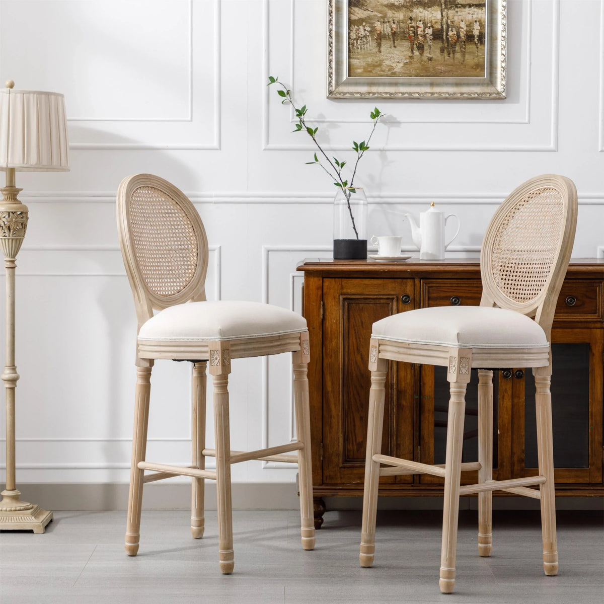 Set Of 2 French Country Solid Wood Upholstered Barstools - Omega Lifestyles