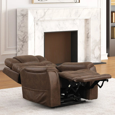 Transitional Walnut Fabric Dual Motor Lift Massage Chair - Omega Lifestyles