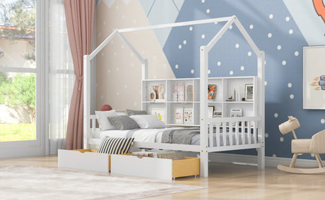Twin Solid Wood Kids House Bed With Storage Drawers - Omega Lifestyles