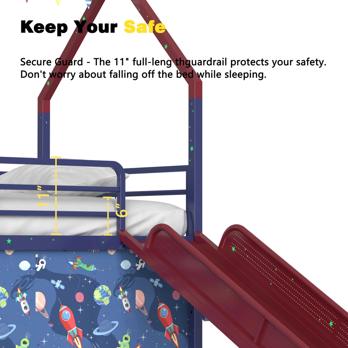 Twin Metal Junior House Loft Bed With Slide And Curtain - Omega Lifestyles