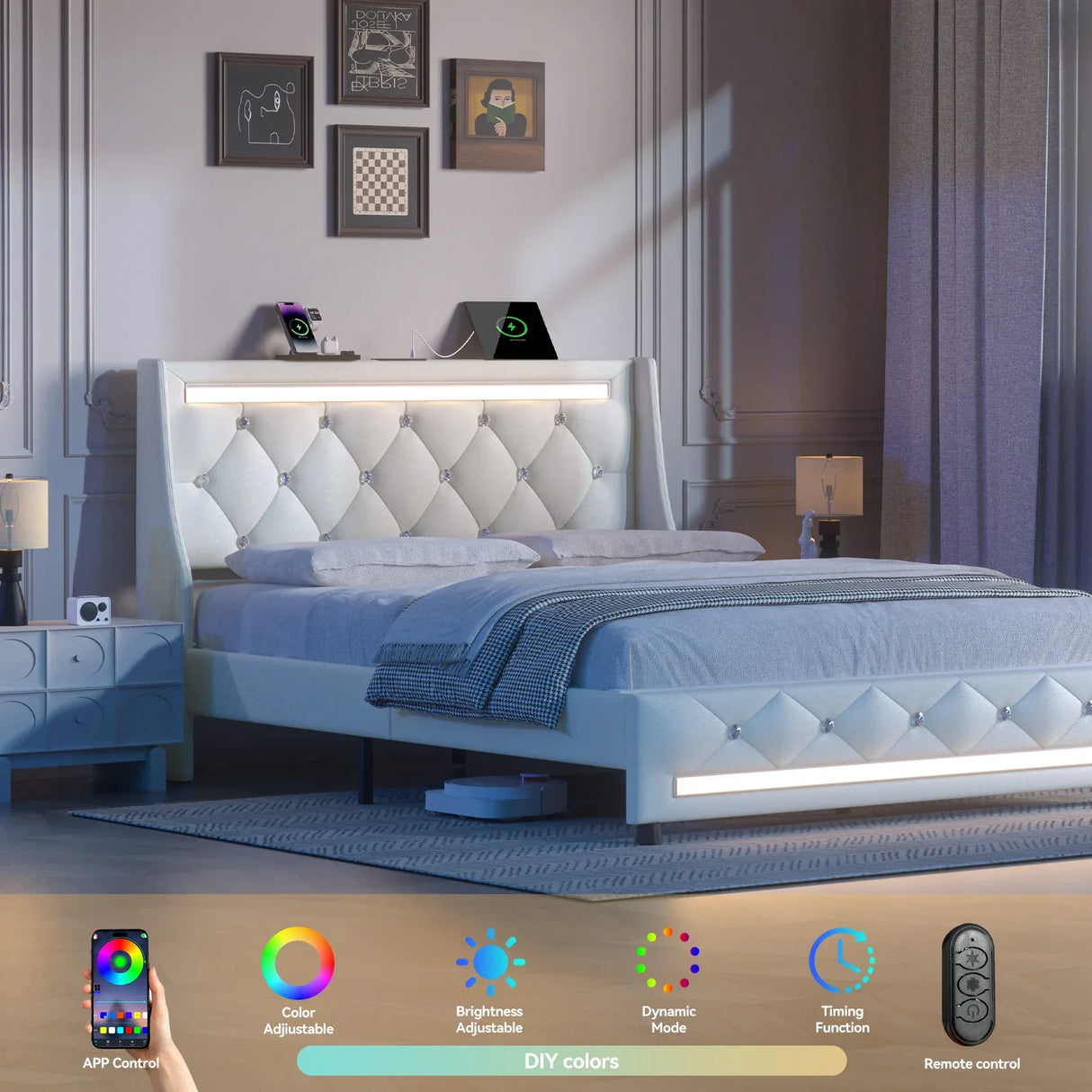 Queen Upholstered Memory Foam Platform Bed Frame With LED - Omega Lifestyles