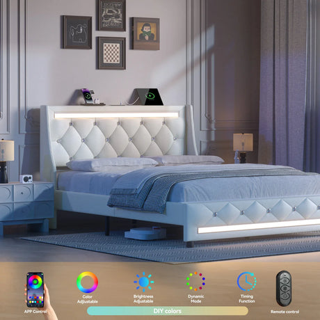 Queen Upholstered Memory Foam Platform Bed Frame With LED - Omega Lifestyles