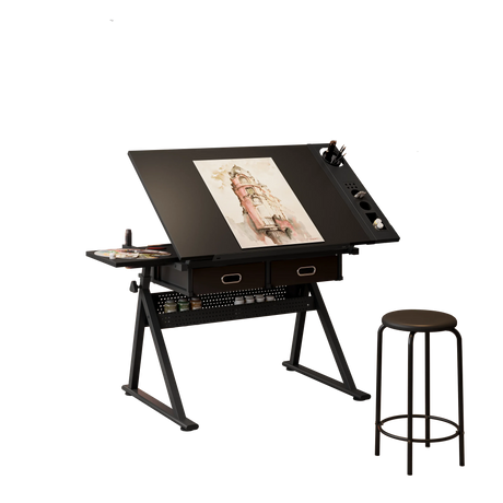 Adjustable Tilting Drawing Desk With Storage Drawers And Stool - Omega Lifestyles