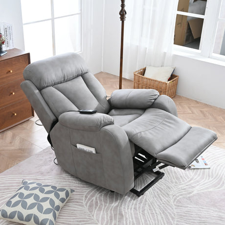 Power Lift Light Gray Fabric Recliner Chair With Remote - Omega Lifestyles