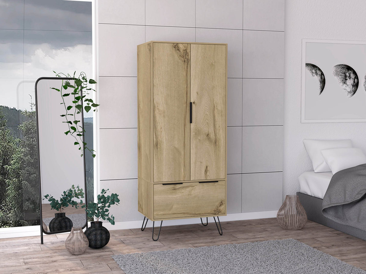 Light Oak Two-Door Wooden Wardrobe With Drawer - Omega Lifestyles