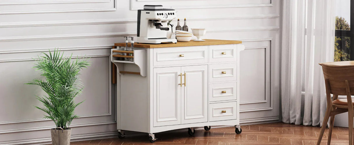 Classic Vintage Embossed White Kitchen Island On Wheels - Omega Lifestyles