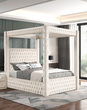 Majestic Ivory Velvet Four-Poster King Bed Frame - Omega Lifestyles