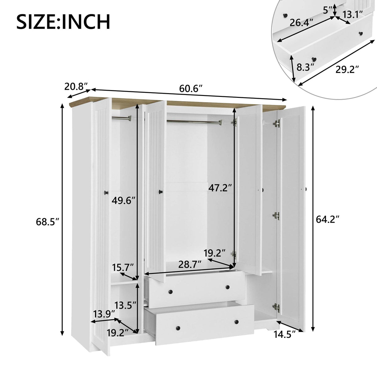 4 Door White Solid Wood MDF Wardrobe Armoire - Omega Lifestyles