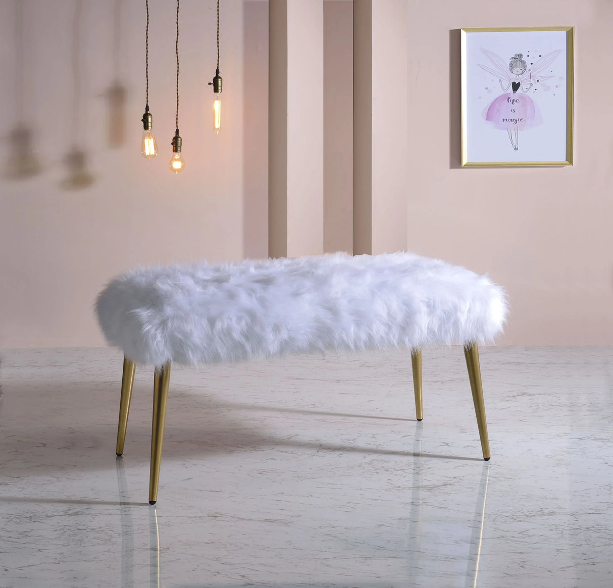 White Faux Fur Armless Backless Gold Finish Bench - Omega Lifestyles