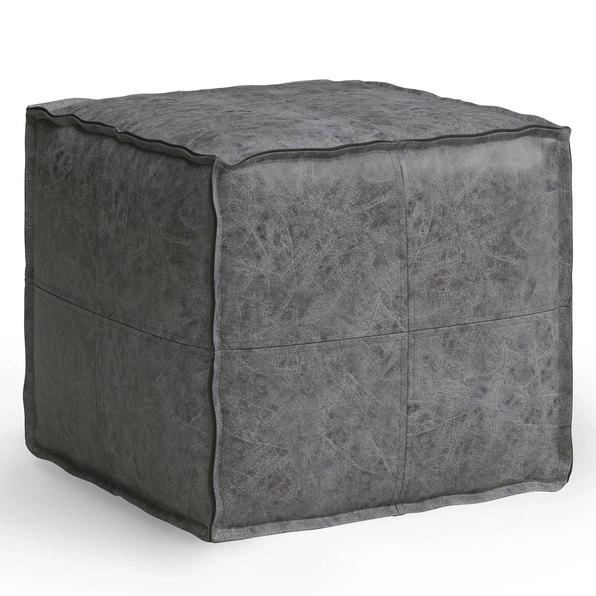 Distressed Black Vegan Faux Leather Square Pouf - Omega Lifestyles