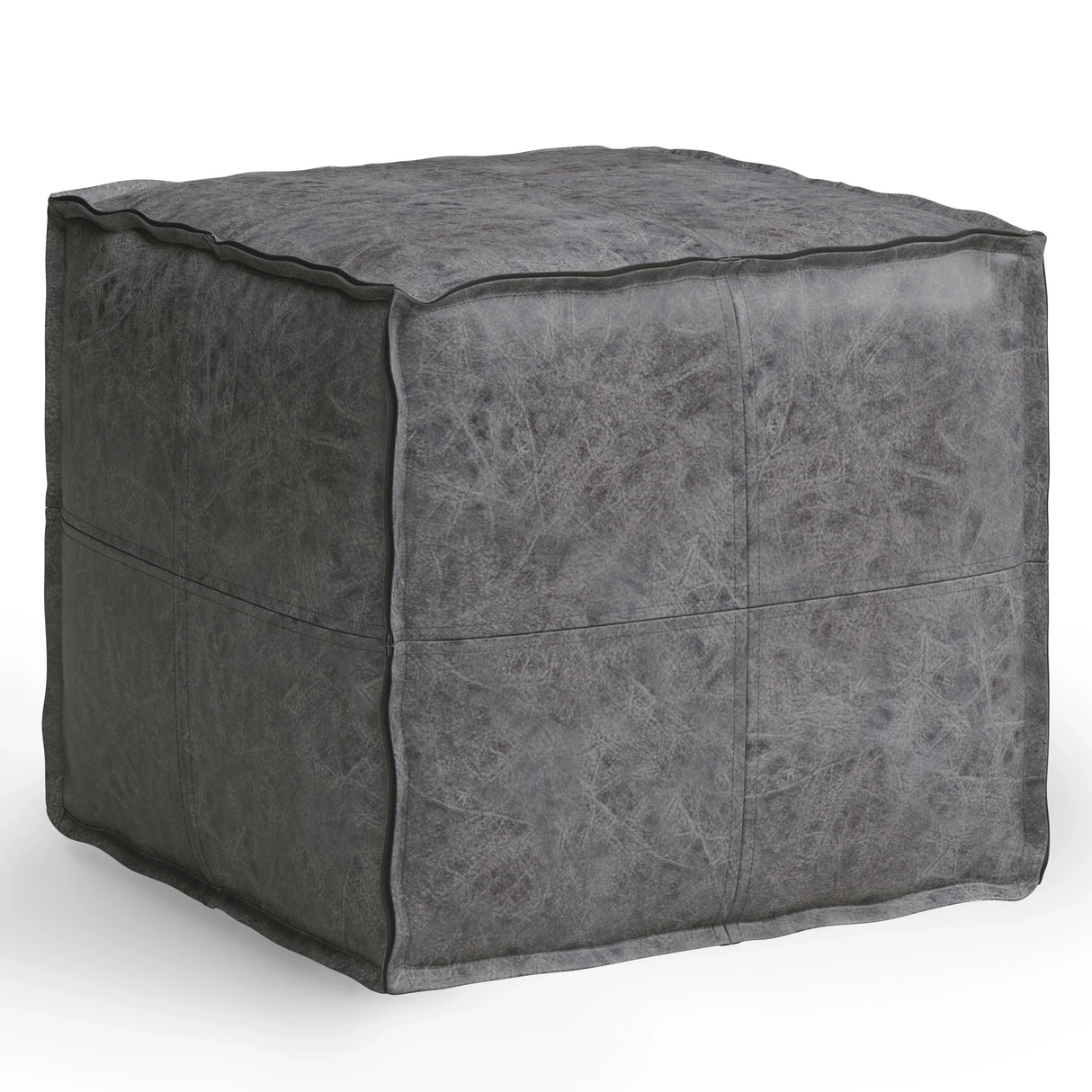 Distressed Black Vegan Faux Leather Square Pouf - Omega Lifestyles