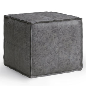 Distressed Black Vegan Faux Leather Square Pouf - Omega Lifestyles