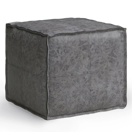 Distressed Black Vegan Faux Leather Square Pouf - Omega Lifestyles