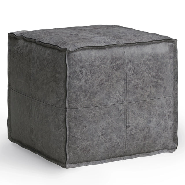 Distressed Black Vegan Faux Leather Square Pouf - Omega Lifestyles