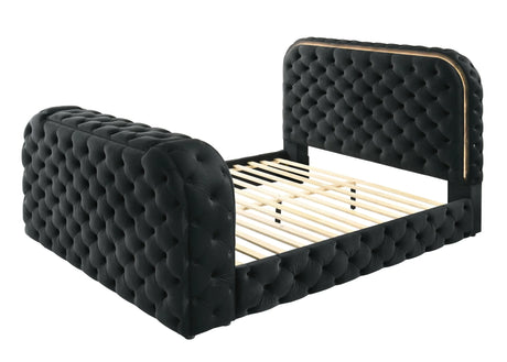 Black Upholstered Eastern King Bed With LED Fireplace Stand - Omega Lifestyles