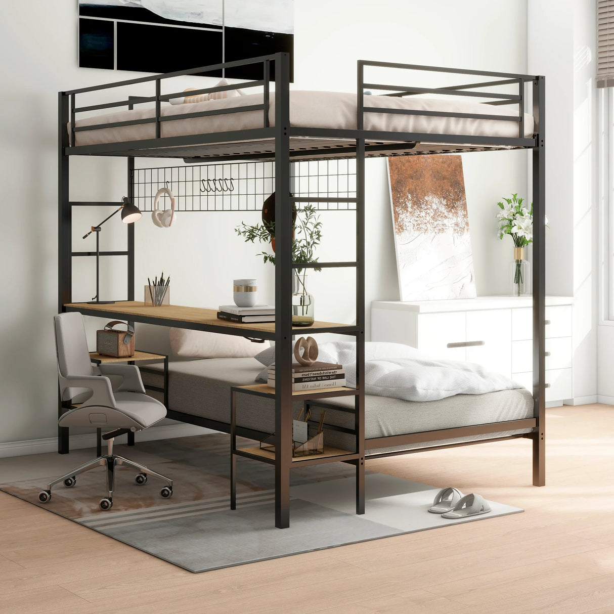 Full Over Twin Metal Bunk Bed With Desk Charging Station - Omega Lifestyles