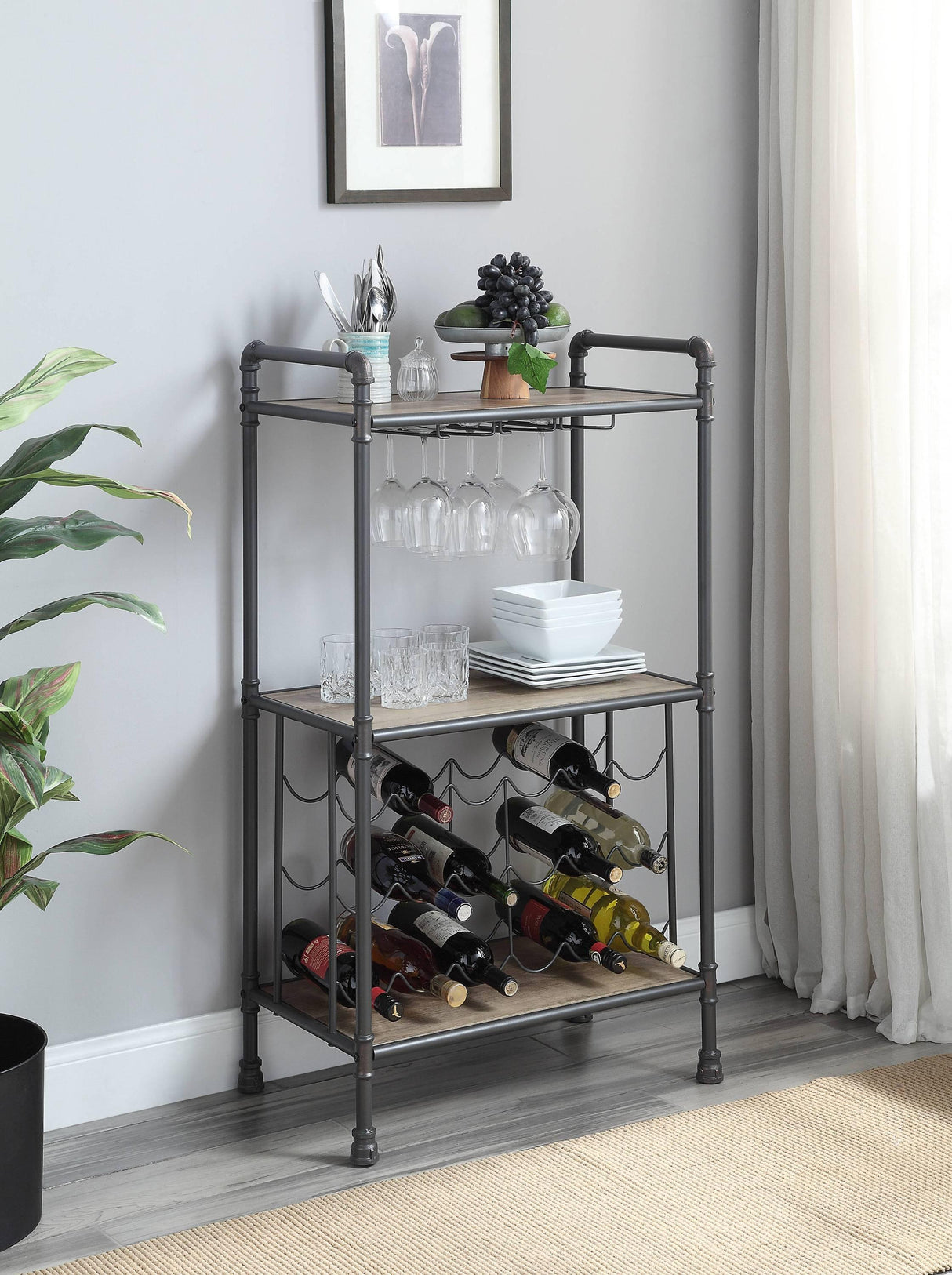 Industrial Three-Tier Metal And Synthetic Wood Wine Rack - Omega Lifestyles